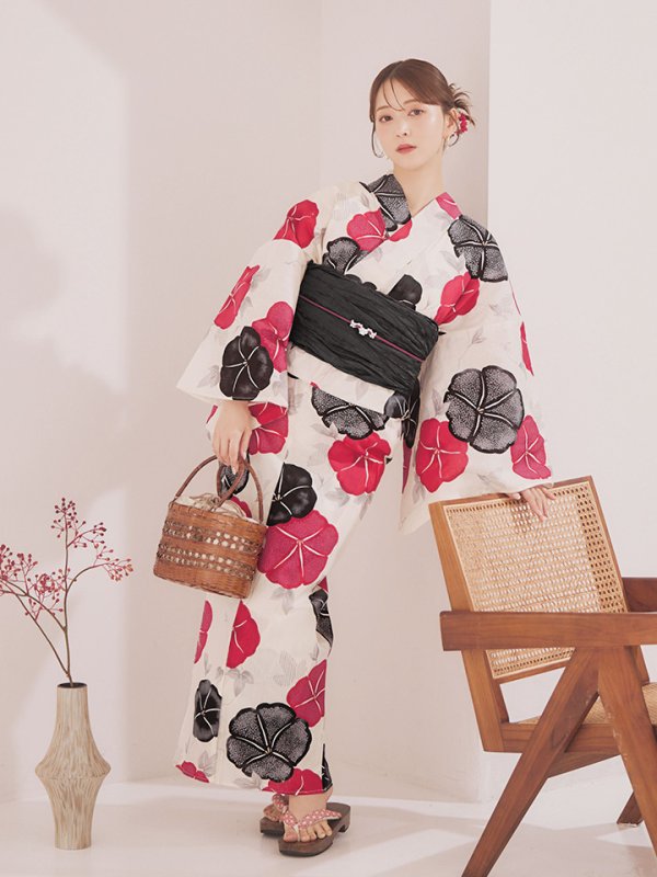 画像12: 【即日発送】紅色と黒の朝顔柄浴衣 【浴衣3点セット 浴衣/帯/下駄】 [YMT/o] (12)