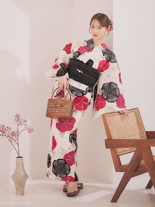 画像13: 【即日発送】紅色と黒の朝顔柄浴衣 【浴衣3点セット 浴衣/帯/下駄】 [YMT/o] (13)