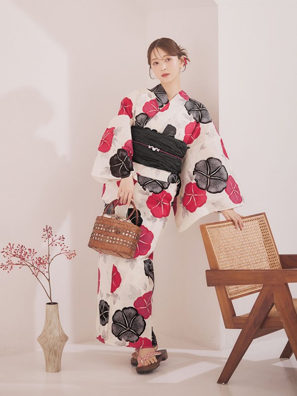 画像14: 【即日発送】紅色と黒の朝顔柄浴衣 【浴衣3点セット 浴衣/帯/下駄】 [YMT/o] (14)