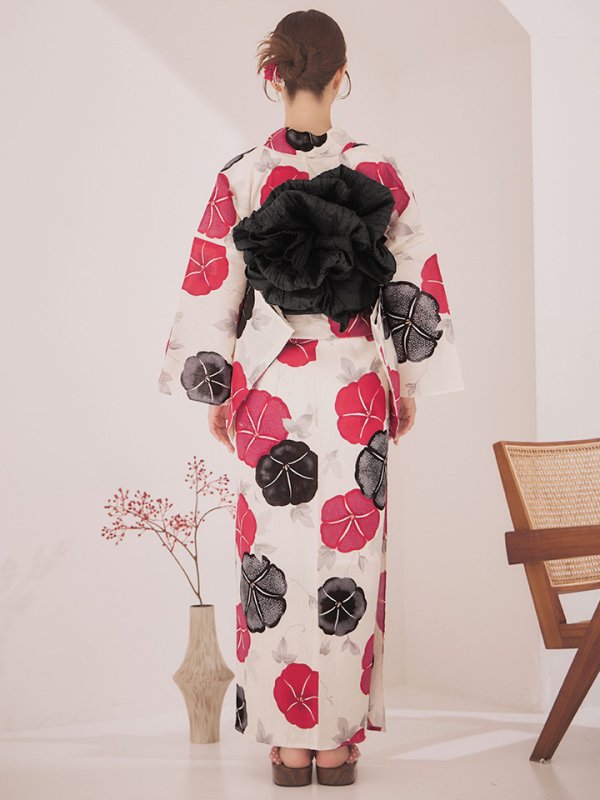 画像15: 【即日発送】紅色と黒の朝顔柄浴衣 【浴衣3点セット 浴衣/帯/下駄】 [YMT/o] (15)