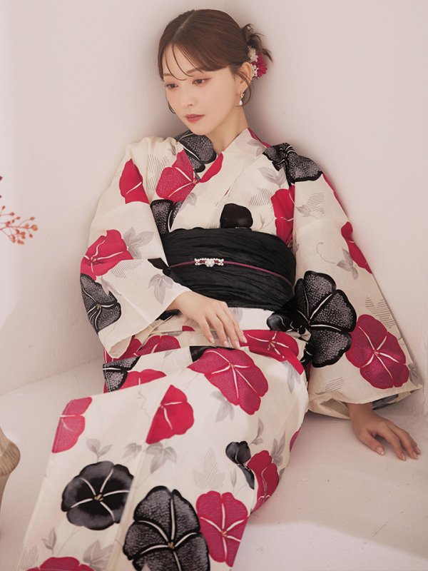 画像2: 【即日発送】紅色と黒の朝顔柄浴衣 【浴衣3点セット 浴衣/帯/下駄】 [YMT/o] (2)