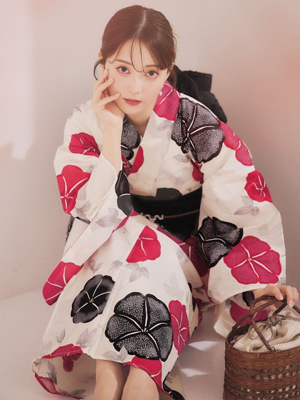 画像3: 【即日発送】紅色と黒の朝顔柄浴衣 【浴衣3点セット 浴衣/帯/下駄】 [YMT/o] (3)