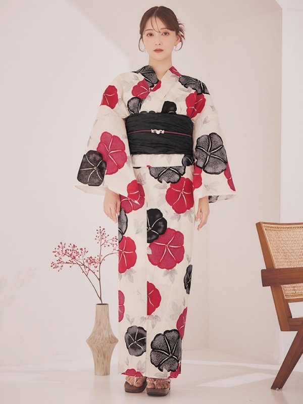 画像4: 【即日発送】紅色と黒の朝顔柄浴衣 【浴衣3点セット 浴衣/帯/下駄】 [YMT/o] (4)