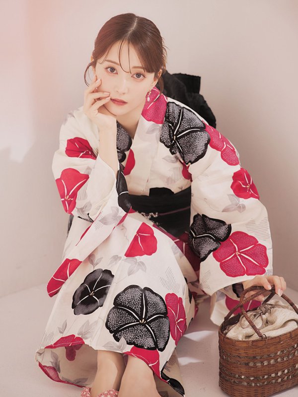 画像5: 【即日発送】紅色と黒の朝顔柄浴衣 【浴衣3点セット 浴衣/帯/下駄】 [YMT/o] (5)