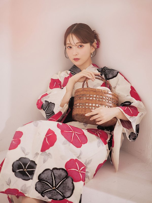 画像6: 【即日発送】紅色と黒の朝顔柄浴衣 【浴衣3点セット 浴衣/帯/下駄】 [YMT/o] (6)