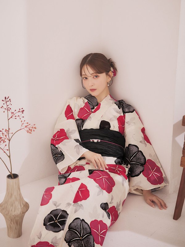 画像7: 【即日発送】紅色と黒の朝顔柄浴衣 【浴衣3点セット 浴衣/帯/下駄】 [YMT/o] (7)