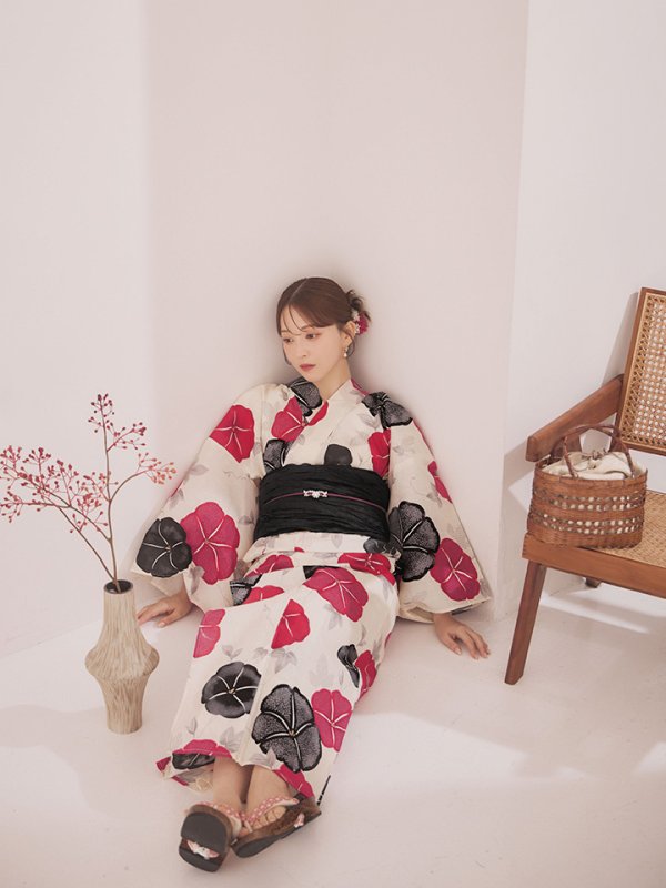 画像9: 【即日発送】紅色と黒の朝顔柄浴衣 【浴衣3点セット 浴衣/帯/下駄】 [YMT/o] (9)