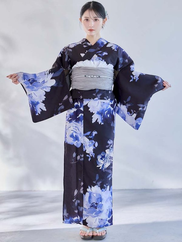 画像4: 【即日発送】大人ネイビー牡丹浴衣【浴衣３点セット 浴衣/帯/下駄】[OF04] (4)