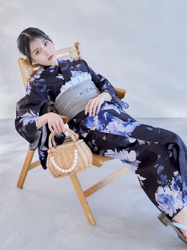 画像5: 【即日発送】大人ネイビー牡丹浴衣【浴衣３点セット 浴衣/帯/下駄】[OF04] (5)