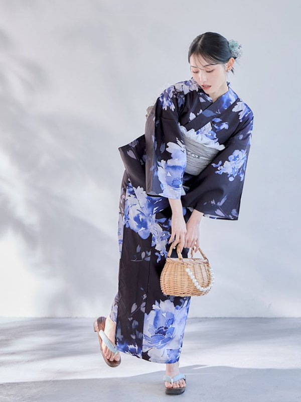 画像14: 【即日発送】大人ネイビー牡丹浴衣【浴衣３点セット 浴衣/帯/下駄】[OF04] (14)