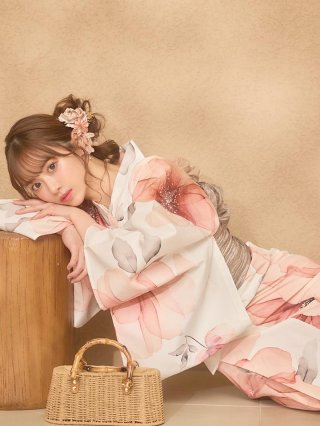 即日発送】アプリコットピンク牡丹浴衣 【浴衣3点セット 浴衣/帯/下駄