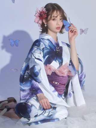 送料無料！水彩ブルーフラワー浴衣【浴衣3点セット 浴衣/帯/下駄
