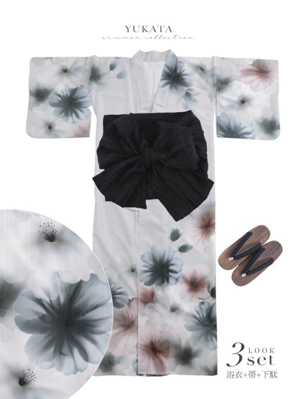 画像48: 【コラボ浴衣】水彩ニュアンスグレーコスモス浴衣/MIXフローラ浴衣【浴衣３点セット 浴衣/帯/下駄】【予約 / 4月下旬発送予定】 (48)