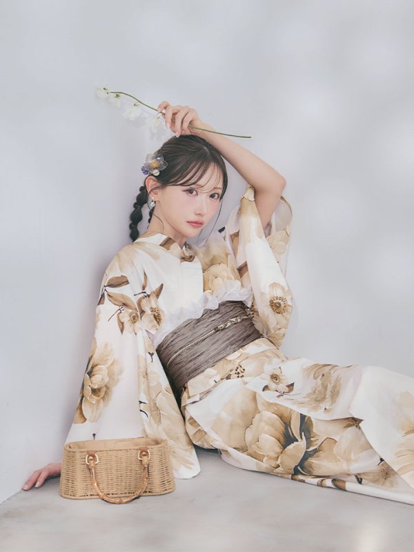 画像9: 【即日発送】送料無料！1人で簡単に着られる！ワンピース / セパレート浴衣セット　ホワイトエレガントフラワー浴衣【浴衣4点セット 浴衣/帯/下駄】[OF04] (9)
