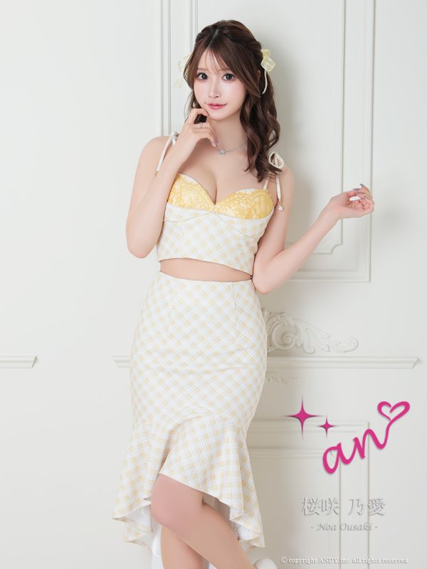 画像2: 【an/アン】ショルダーリボン/ チェック柄/ キャミソール/ セットアップ/ マーメイド/ テールカット/ ミディアムドレス/ キャバドレス[OF05] (2)