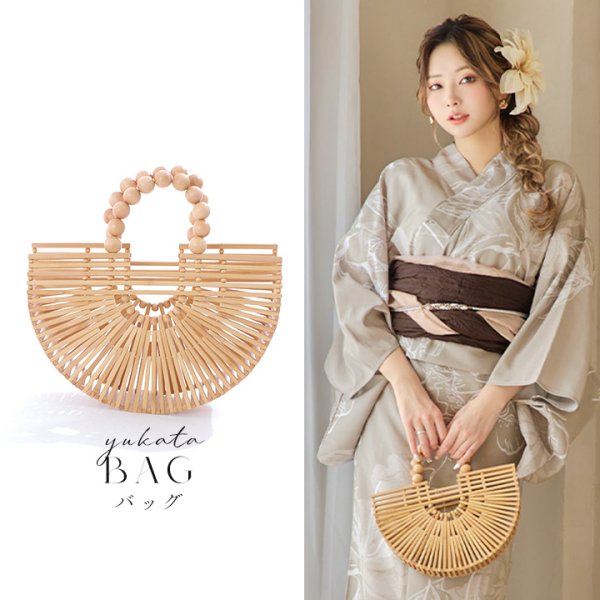 画像2: 木製ハンドル付き竹編み半円カゴバッグ[HC02] (2)