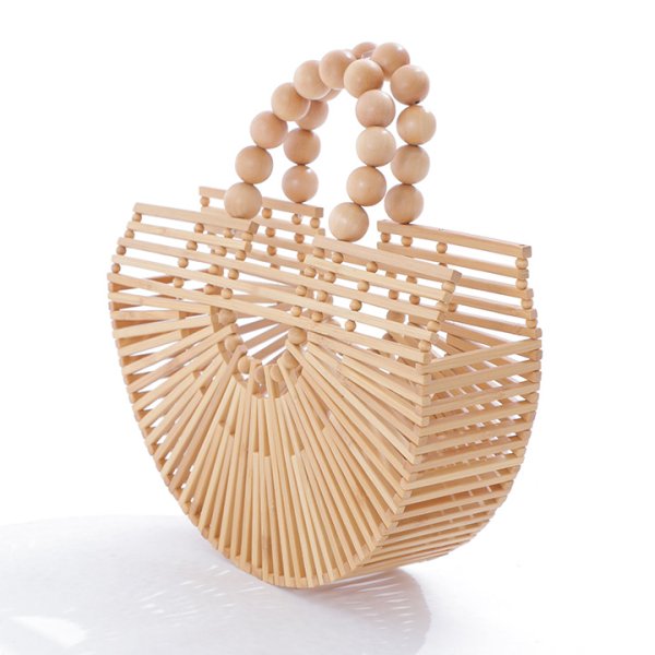 画像9: 木製ハンドル付き竹編み半円カゴバッグ[HC02] (9)