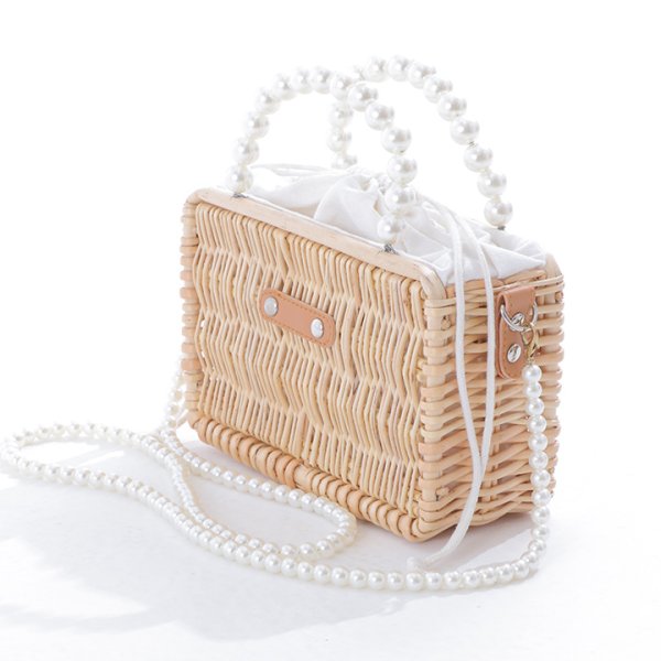 画像2: パールハンドル付きランタン編み長方形カゴバッグ[HC02] (2)