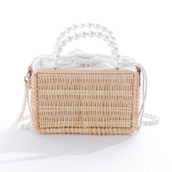 画像3: パールハンドル付きランタン編み長方形カゴバッグ[HC02] (3)