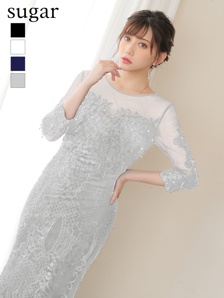 X Lサイズあり【Luxe Style/リュクススタイル】ビーズ刺繍 /シアーレース /サテン /ロング /ロングドレス /キャバドレス  long【HC03】 - キャバドレス専門店 sugar (シュガー)