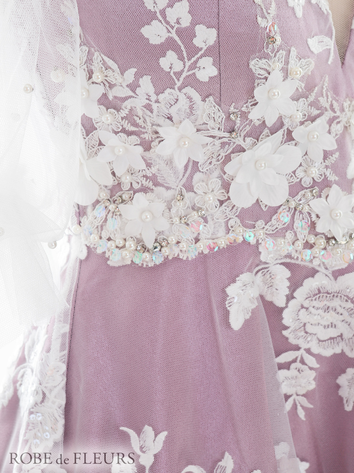 ROBE de FLEURS/ローブドフルール】立体フラワー/ 半袖/ 袖あり/ パール/ チュール/ フレア/ ミニドレス/ キャバドレス