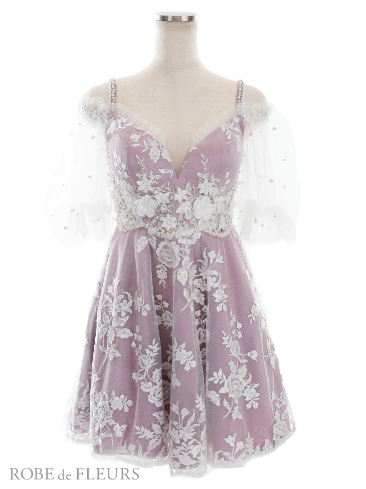 ROBE de FLEURS/ローブドフルール】立体フラワー/ 半袖/ 袖あり/ パール/ チュール/ フレア/ ミニドレス/ キャバドレス