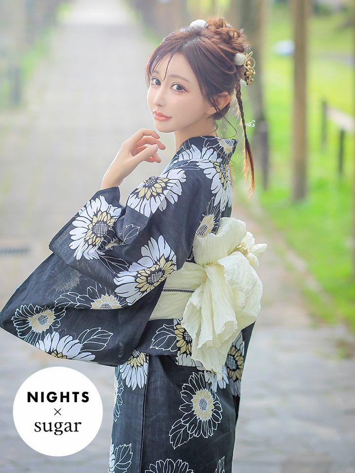 即日発送】【NIGHTS掲載】向日葵柄黒色浴衣【浴衣3点セット