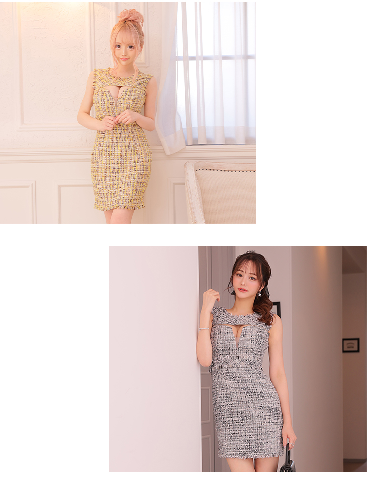 XS-Lサイズあり☆【ROBE de FLEURS Glossy/ローブ・ド・フルール グロッシー】フロントジップ/ ツイード/ ハイウエスト/  タイト/ ミニドレス/ キャバドレス[OF2] - キャバドレス専門店 sugar (シュガー)