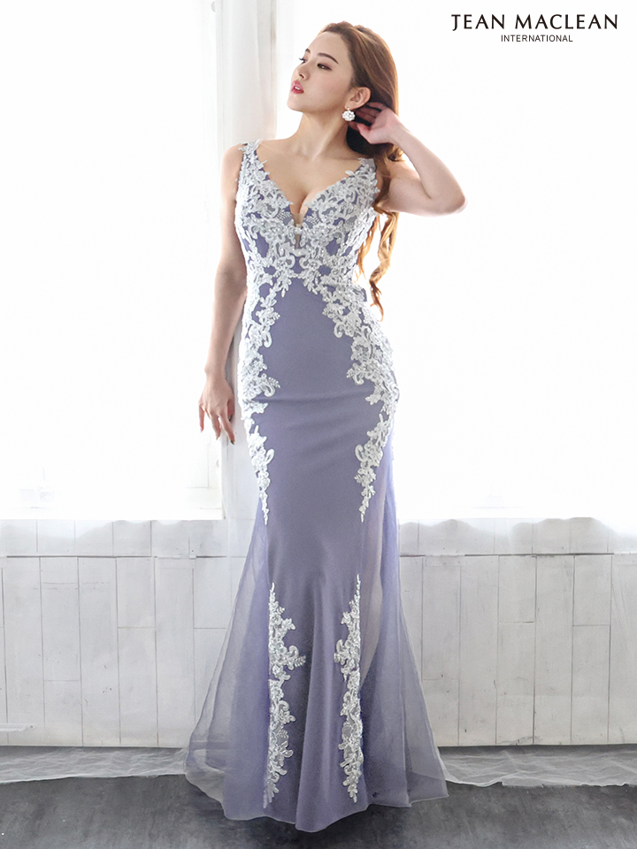 JEAN MACLEAN マーメイド刺繍レースVネックロングドレス