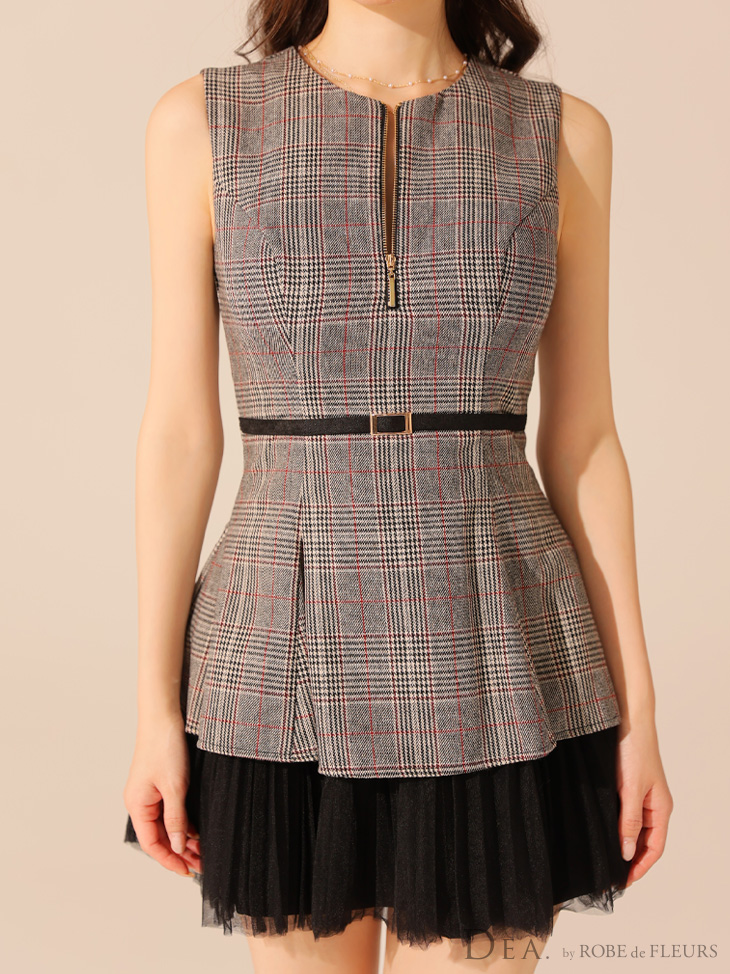 Dea by robe de fleurs｜チュールチェックワンピース XSサイズあり【DEA./ディア】チェック/ ノースリーブ/ ベルト