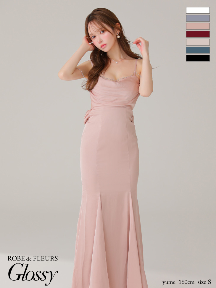 ROBE de FLEURS Glossy バストビジューXレースロングドレス バストビジューXレースロングキャミキャバドレス(GL3112)
