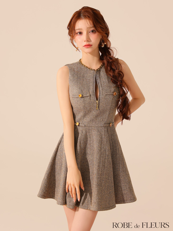 ROBE de FLEURS ツイードドレス　Sサイズ　sugar XSサイズあり【ROBE de FLEURS/ローブドフルール】ゴールド