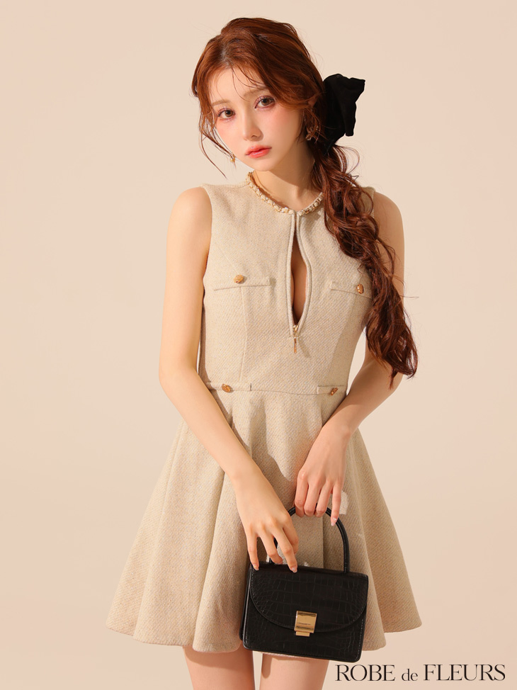 ローブドフルール ラメツイード×プリーツミニキャバドレス XS ベージュ XSサイズあり【ROBE de FLEURS/ローブドフルール】ツイード