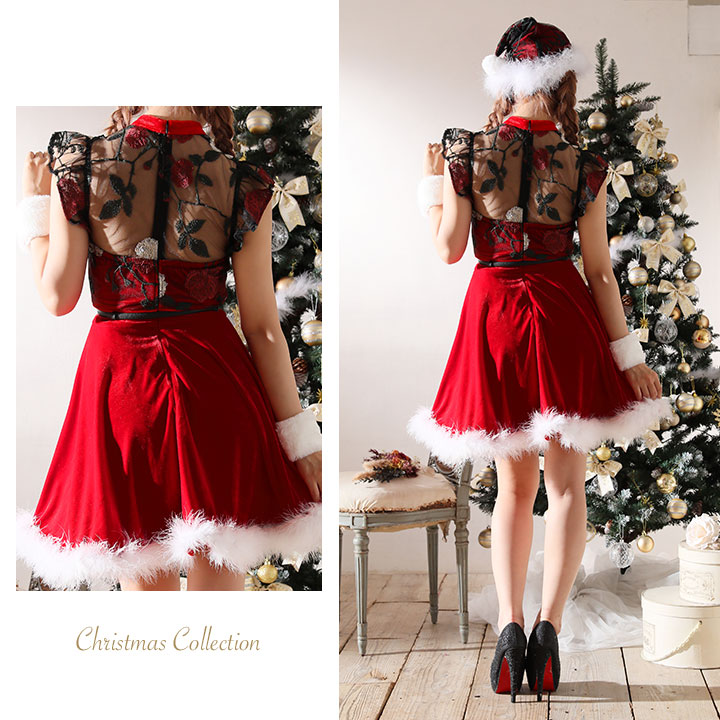 即日発送】【X'mas5点セット】クラシカル刺繍フラワーフレアサンタ 
