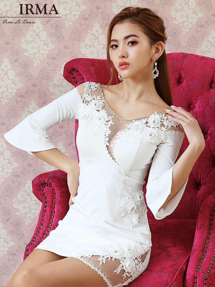 IRMA/イルマ】フラワー刺繍/シアーレース/タイト/ ロングスリーブ/ミニ  