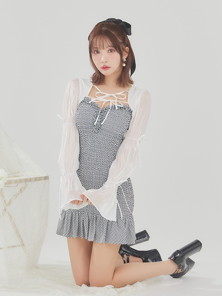 リボンにお花のデザインが可愛い フリルスカートの半袖ドレス XSサイズあり【an /アン】2way/ ボレロ付き/ ロングスリーブ