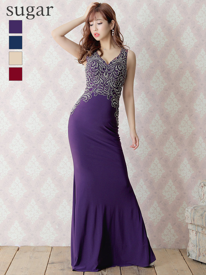80/20クロス タイトドレス スパンコール 紫 パープル ロングドレス 衣装 キャバ