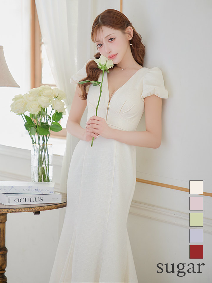 【DEA.by ROBE de FLEURS/ディアバイローブドフルール】フロントジッパー/ パフスリーブ/ ミディアム丈/ ワンピース/ キャバドレス