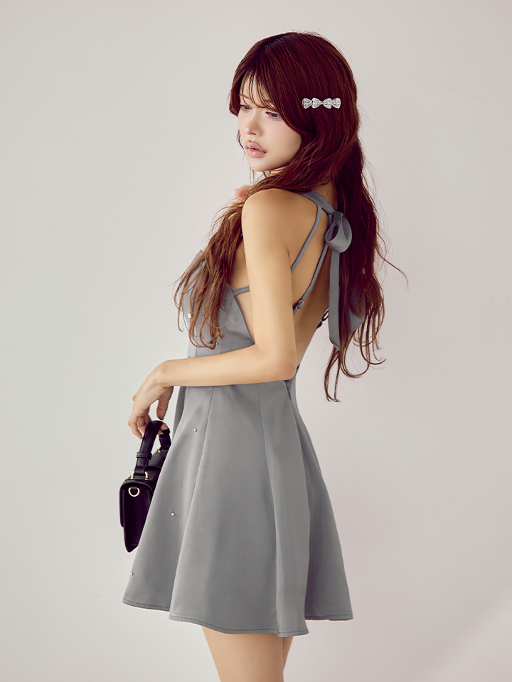 ROBE de FLEURS サテンネックリボンバストジップフレアミニドレス ROBE de FLEURS サテンネックリボンバストジップフレアミニ