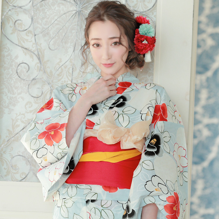 浴衣セール】【即日発送】【浴衣】青地×牡丹模様浴衣セット（19obi-1/19himo-BK/Yheko-030-BR  CG-16-R）[OF01]_