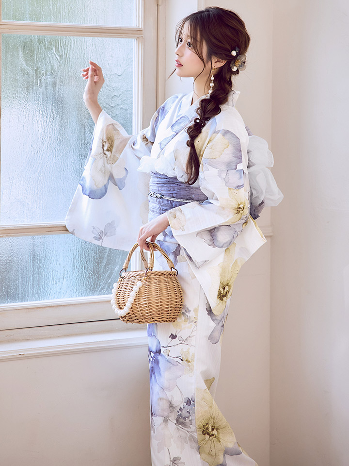 浴衣　sugar 帯　着物　下駄　jewels ジュエルズ　コサージュ 即日発送！】グレージュ×イエローフラワー浴衣【浴衣3点セット