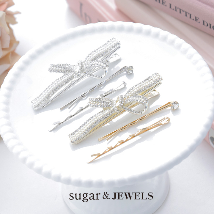【アクセサリー：ヘアピン】リボンビジューヘアピンセット