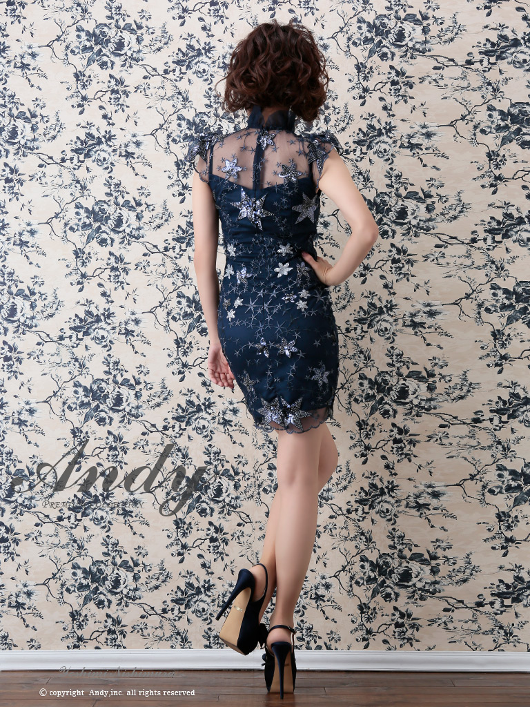 2080 ANDY フリルネックリボンブローチスパンコール刺繍ミニタイトドレス