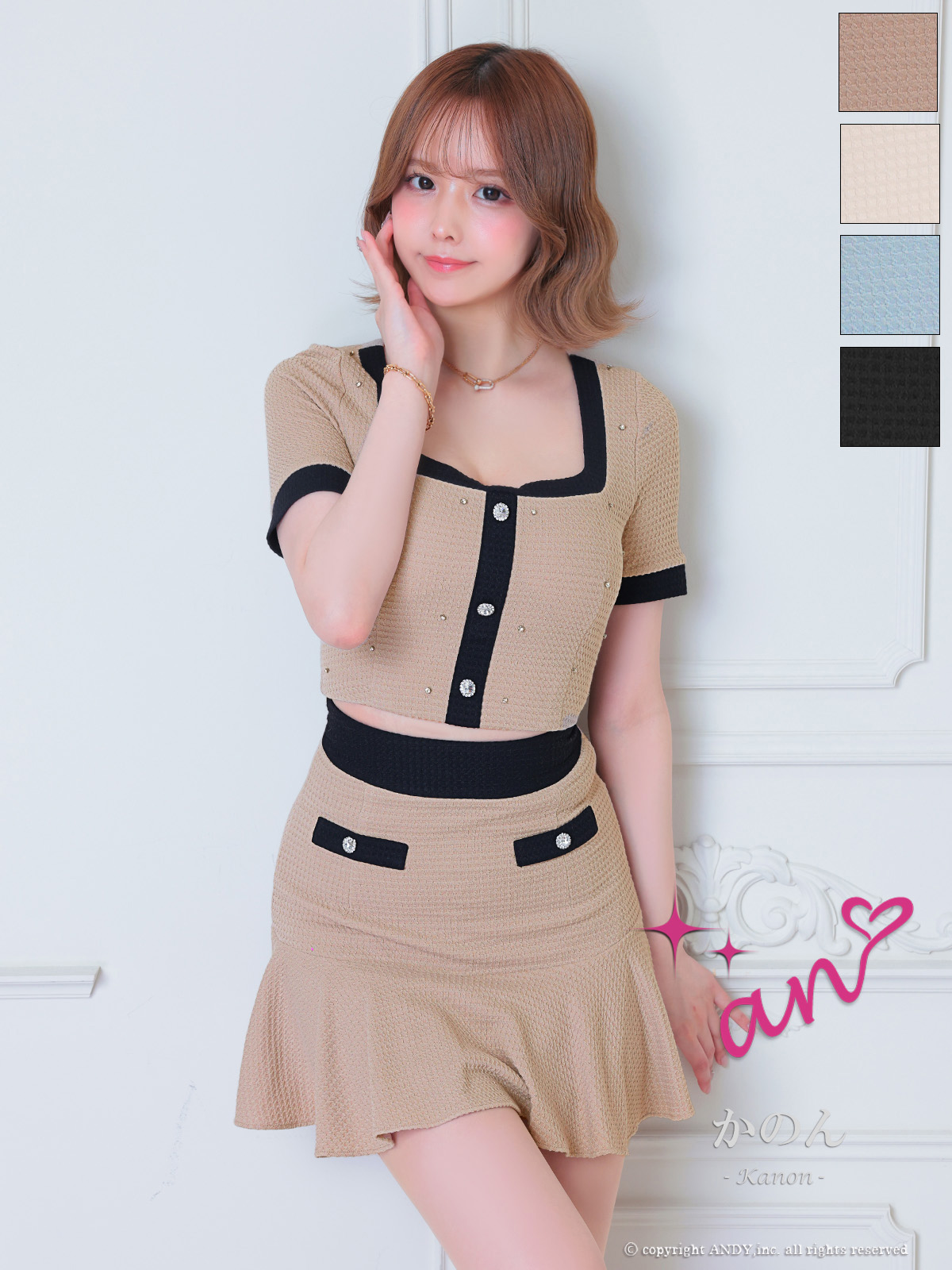 an スクエアネック 半袖バイカラー セットアップドレス XSサイズあり【an/アン】バイカラー/ ビジュー/ スクエアネック