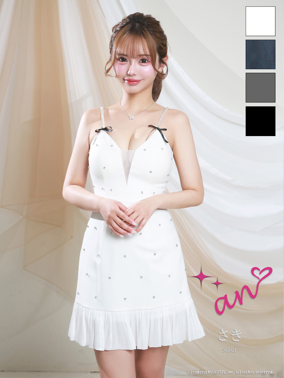 新品♡ジュエルズ♡リボンビジュー♡ミニドレス♡キャバドレス♡フリル♡白♡S♡ XSサイズあり【an/アン】シアー/ ラメ/ キャミ/ リボンモチーフ