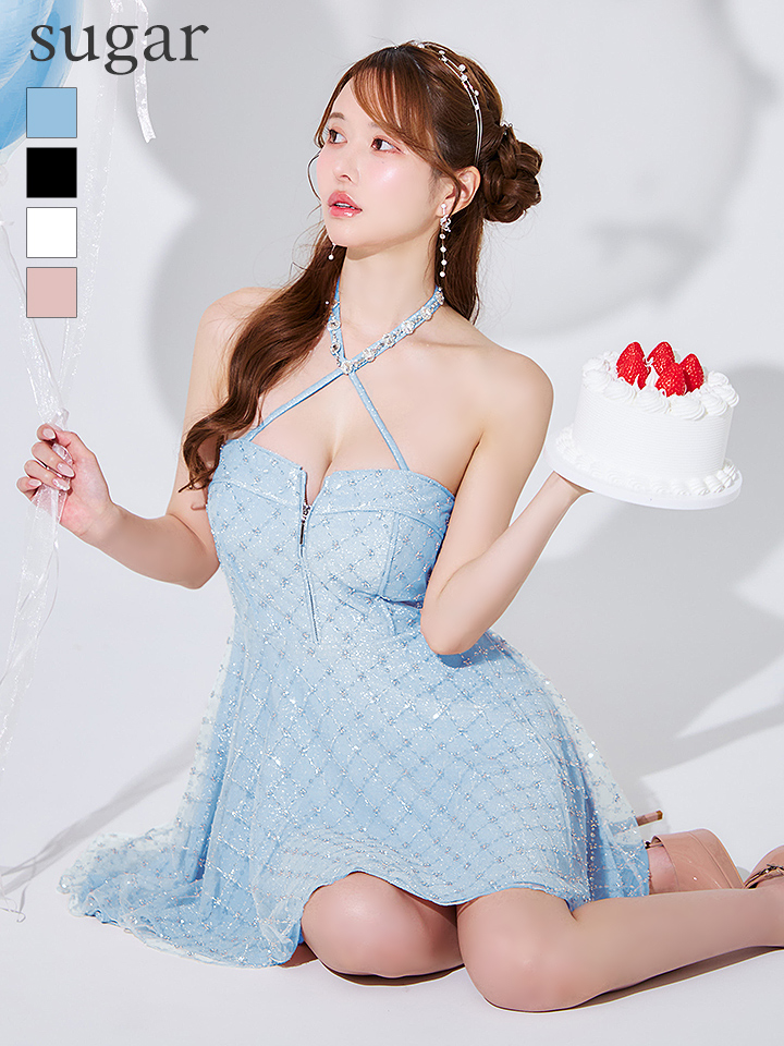 【ROBE de FLEURS/ローブドフルール】ビジュー/ ホルター/ ラメニット/ フレア/ ミニドレス/ キャバドレス