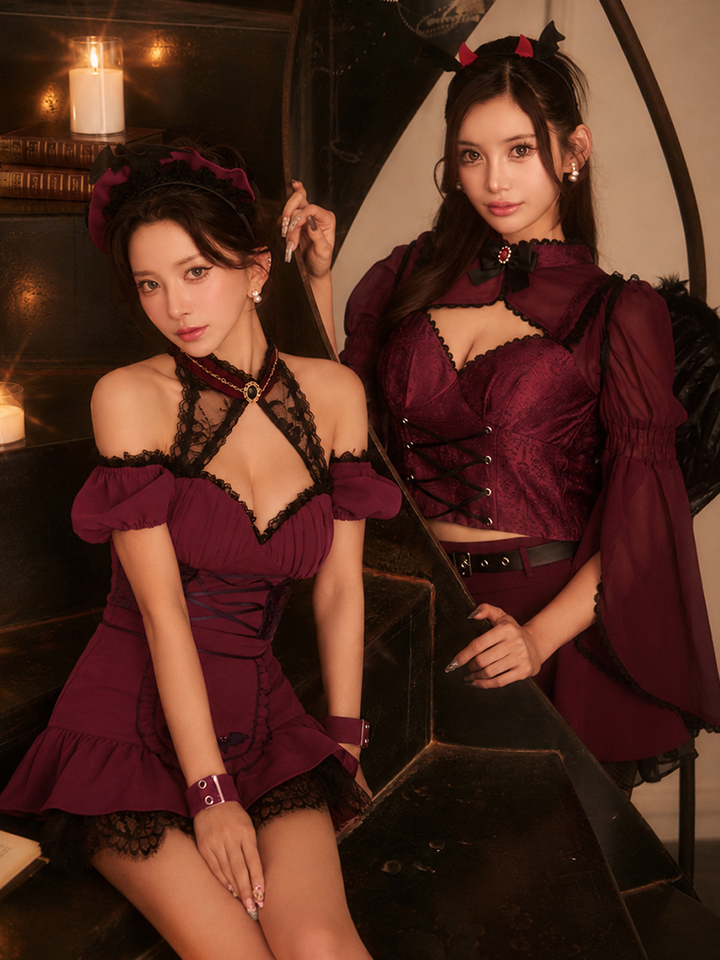 【ハロウィン】ゴシックテイストオフショル洋風メイドコスプレ / ケープ長袖リボンデビルコスプレ