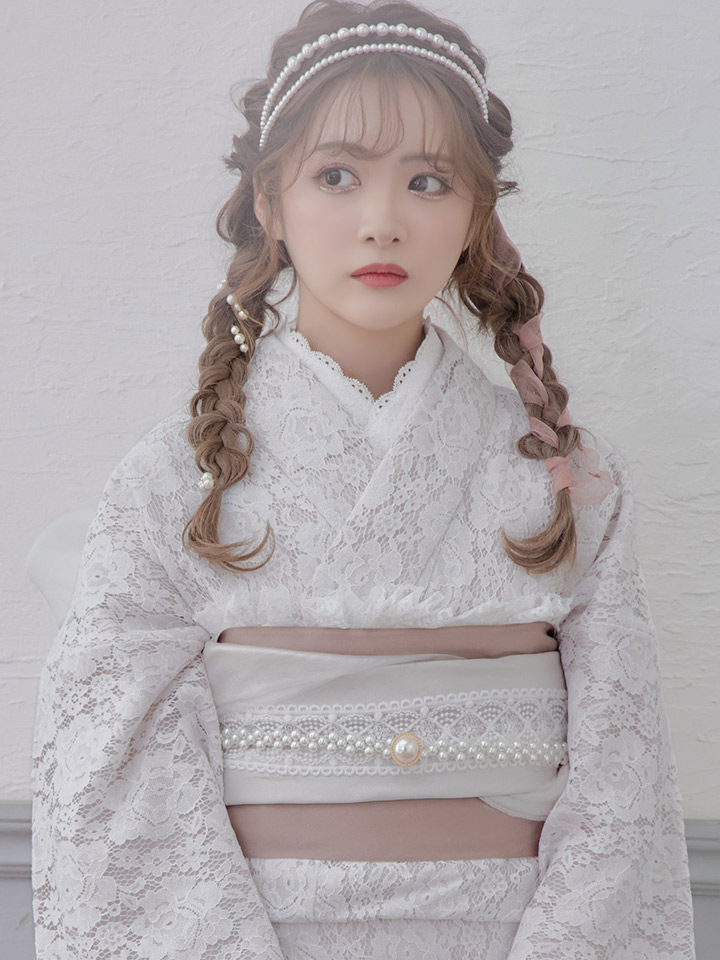 即日発送!ピンク地×白レース浴衣（19obi-30 / 19himo-pearl02 / Yheko