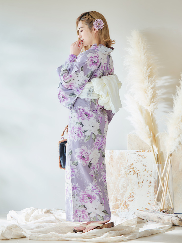 即日発送】【浴衣】大胆に咲き誇る紫×白牡丹浴衣 siwa-k29 / 19himo-GY