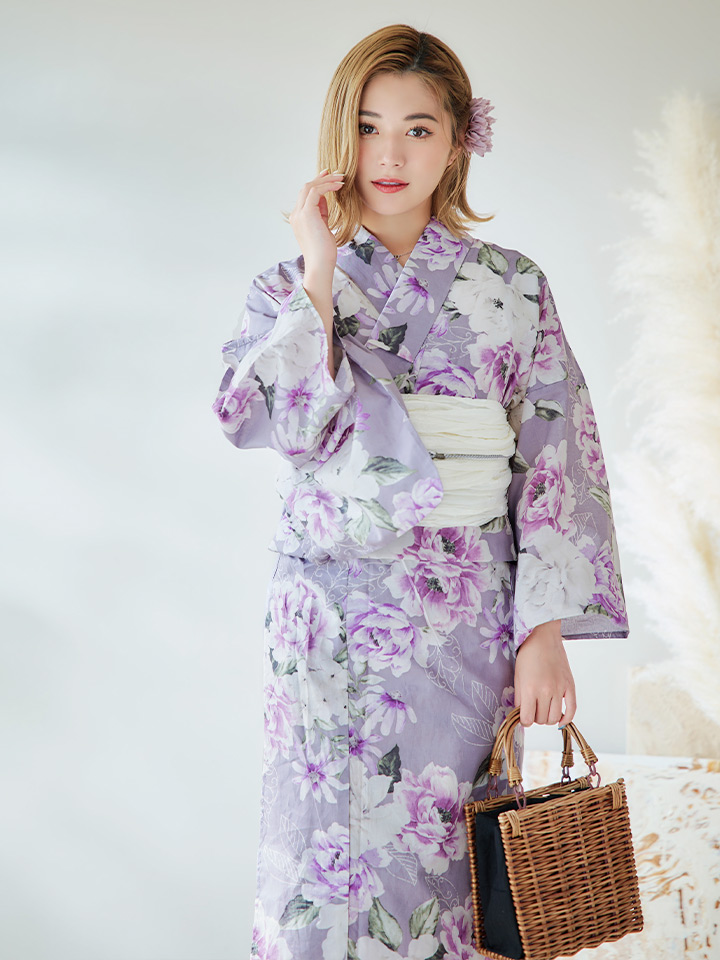 即日発送】【浴衣】大胆に咲き誇る紫×白牡丹浴衣 siwa-k29 / 19himo-GY